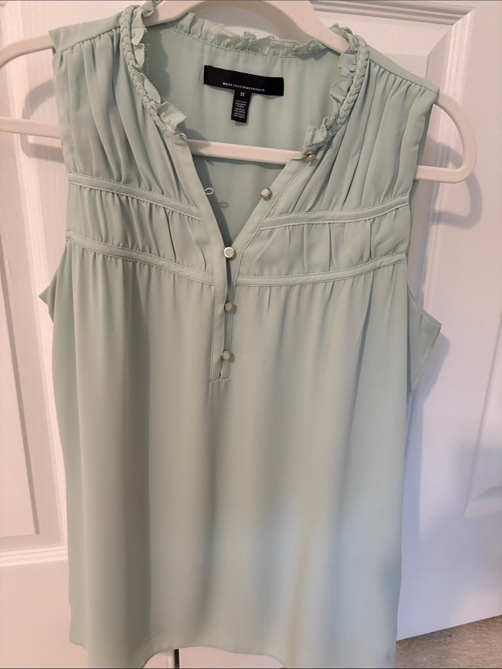 White House Black Market Sleeveless Ruffle Henley in Mint Green